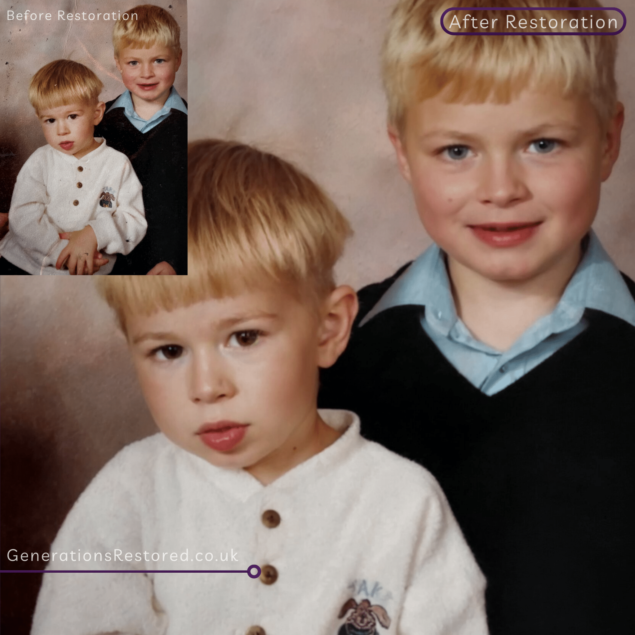 Before and after restoration of a photograph of two young boys.