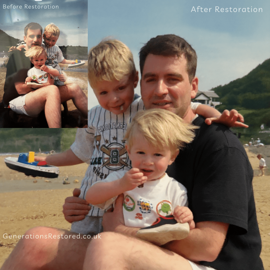 Before and after restoration comparison of a father and two sons on a beach.