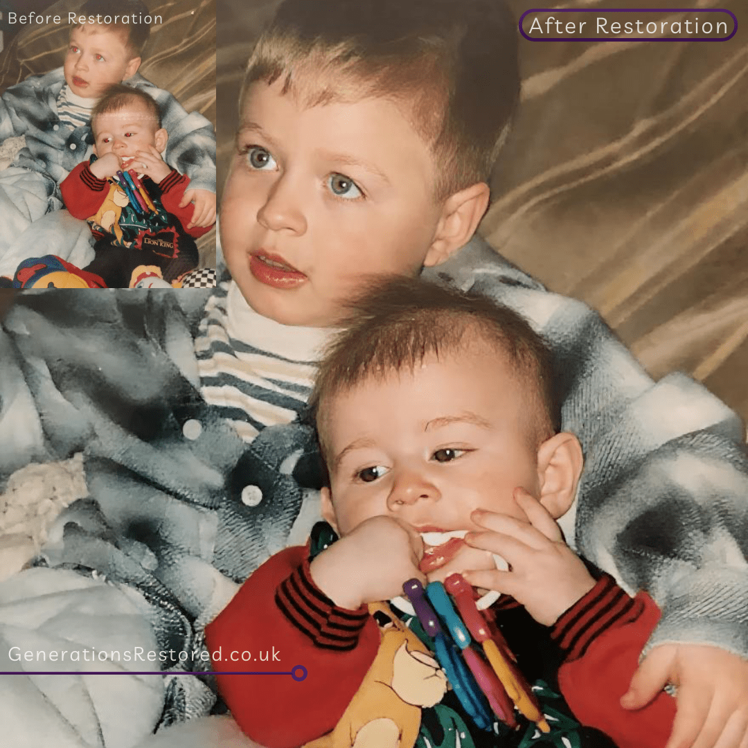 Before and after restoration of a photo of two children with a blanket.